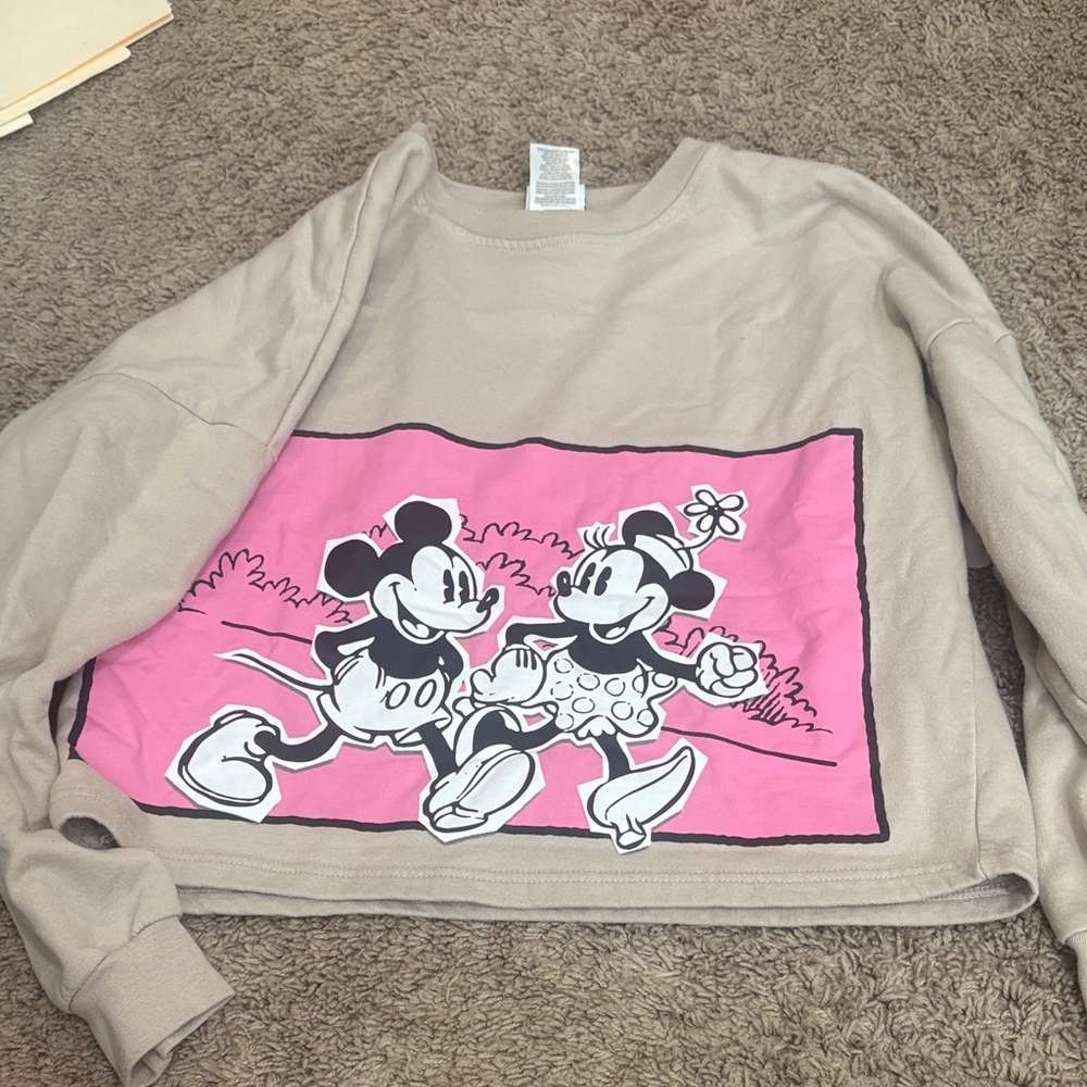 Disney Beige Crewneck Sweater with Pink Mickey & Minnie Graphic